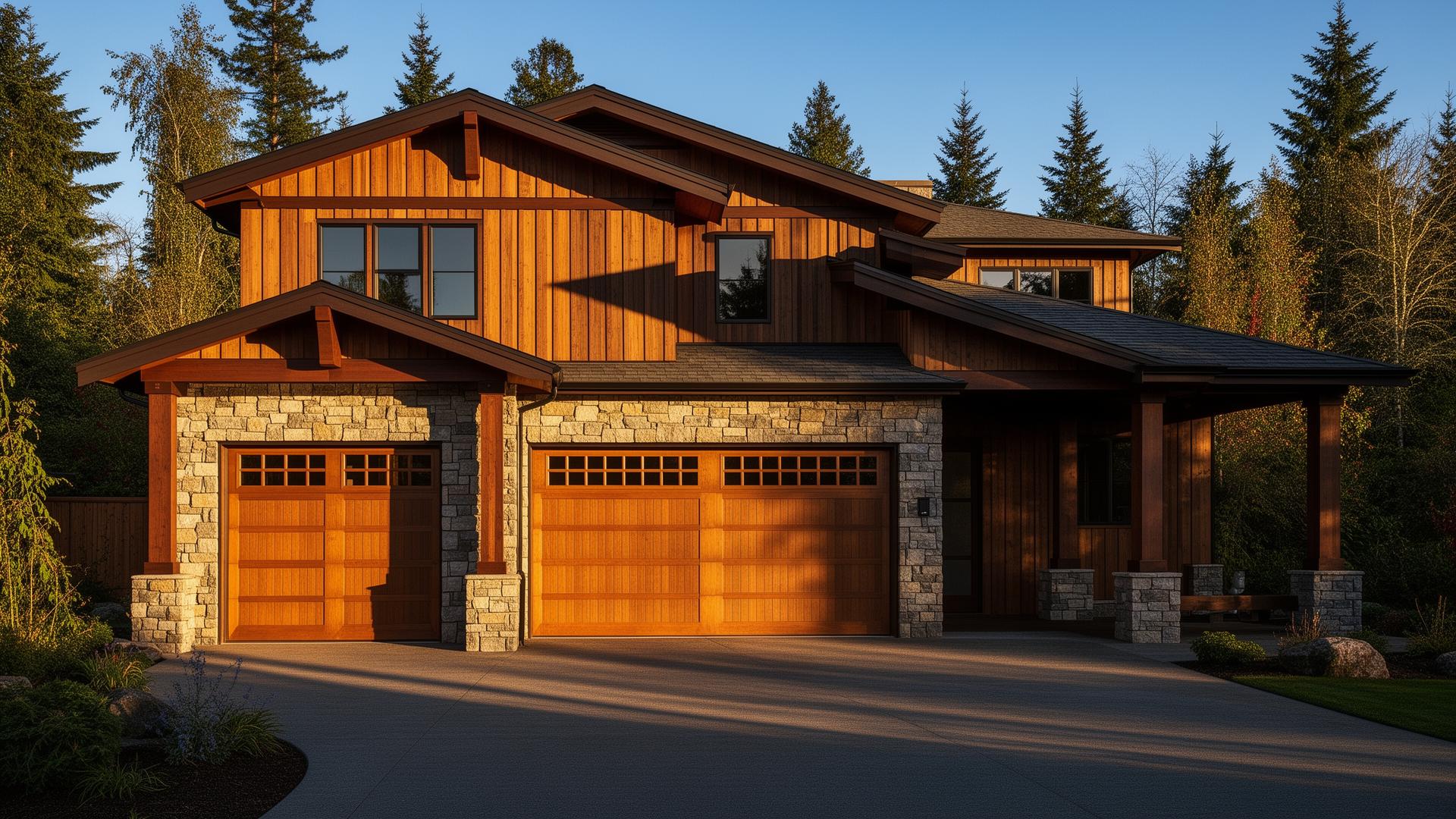 Beautiful Tuscan-inspired garage doors with stone surround on Pacific Northwest modern home