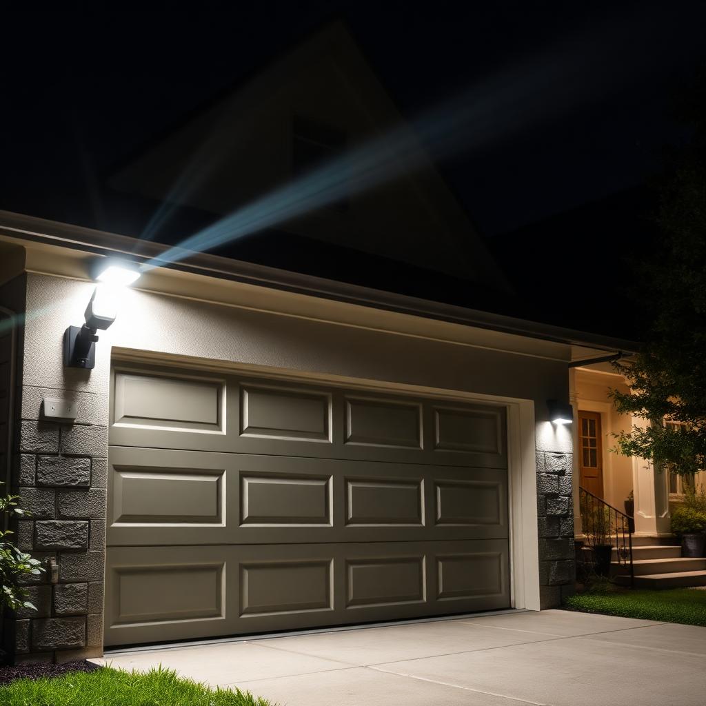 Garage with motion sensor security lighting at night