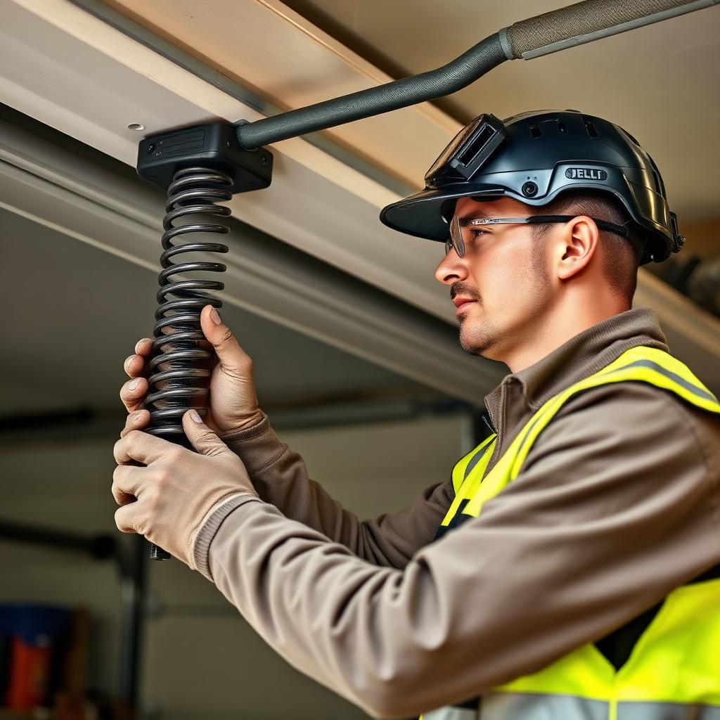 Skilled garage door technician adjusting spring tension with professional equipment
